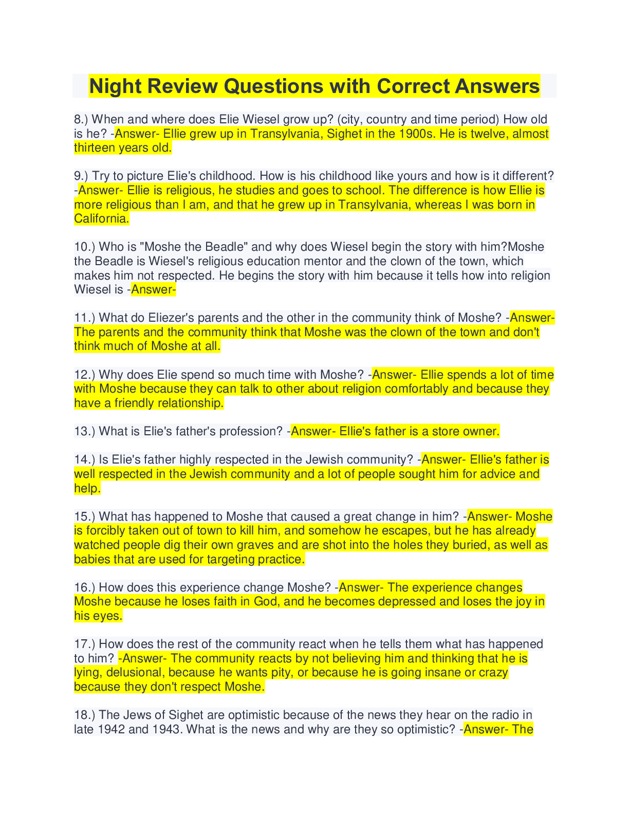 Night Review Questions with Correct Answers Browsegrades